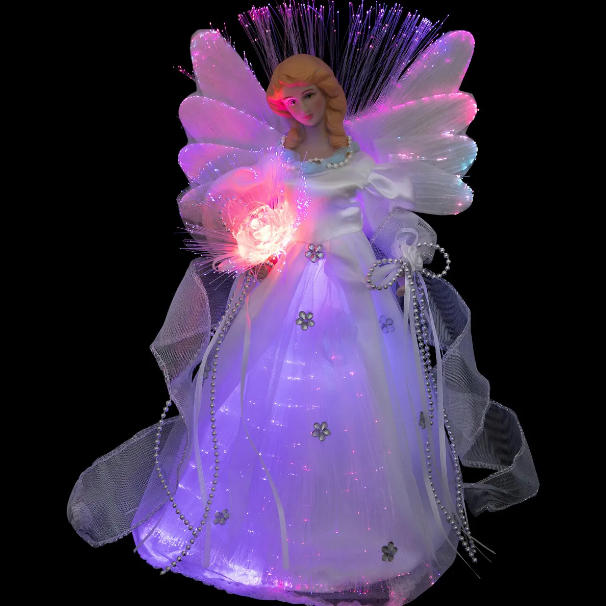Color-changing Fiber Optic Angel with Rose Christmas Tree Topper - 12" - White