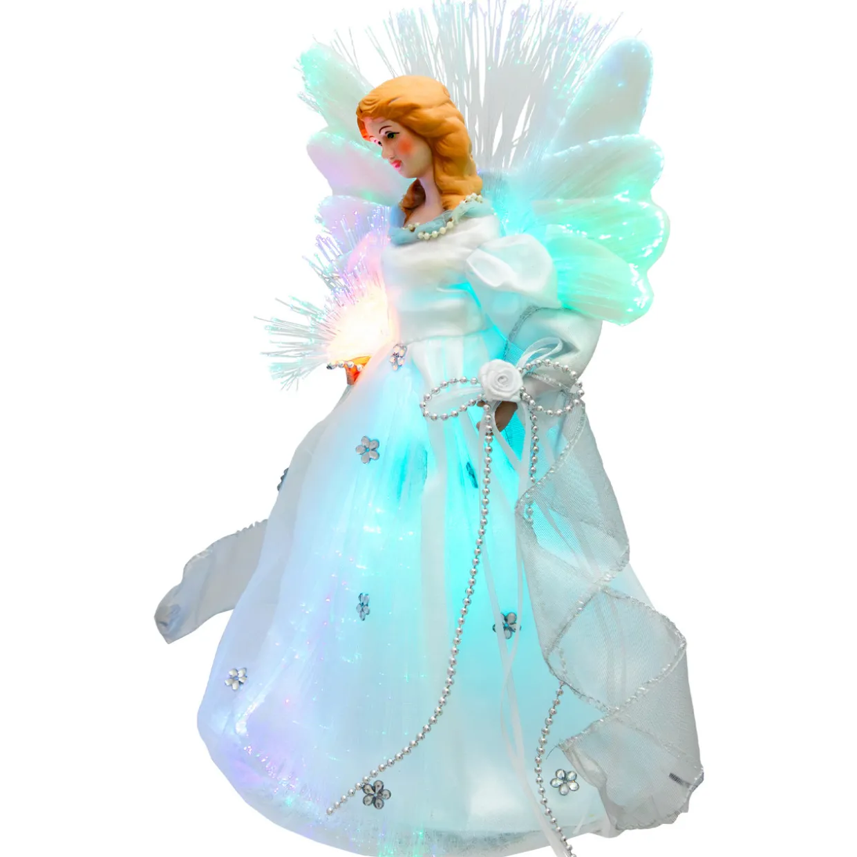 Color-changing Fiber Optic Angel with Rose Christmas Tree Topper - 12" - White