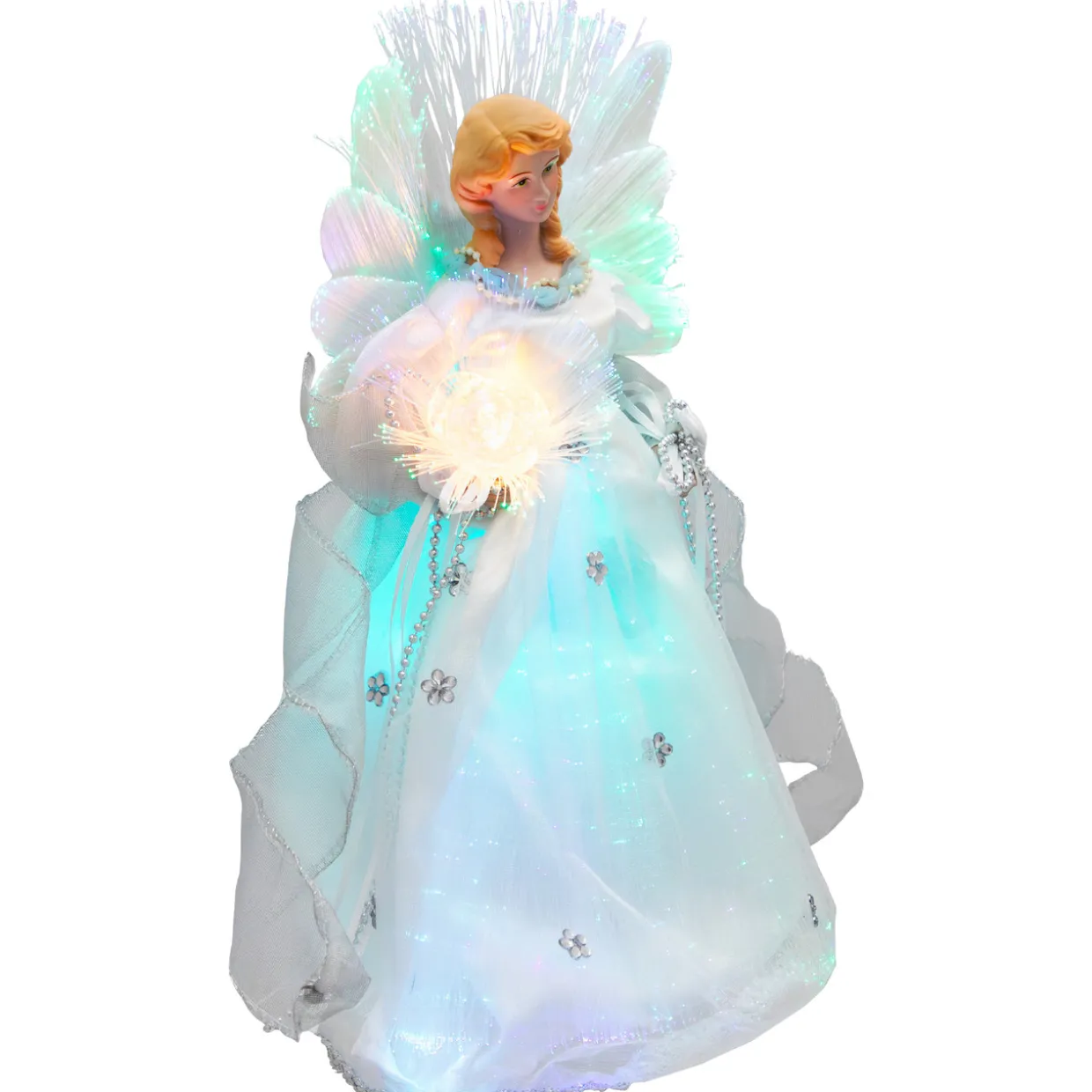 Color-changing Fiber Optic Angel with Rose Christmas Tree Topper - 12" - White