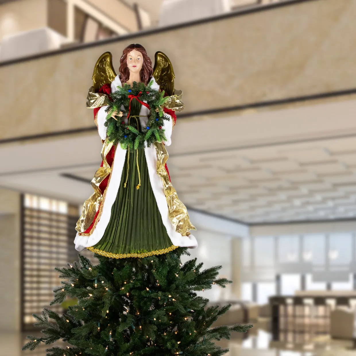 Commercial Size Angel Christmas Tree Topper with Wreath - 3' - Red and Green - Unlit