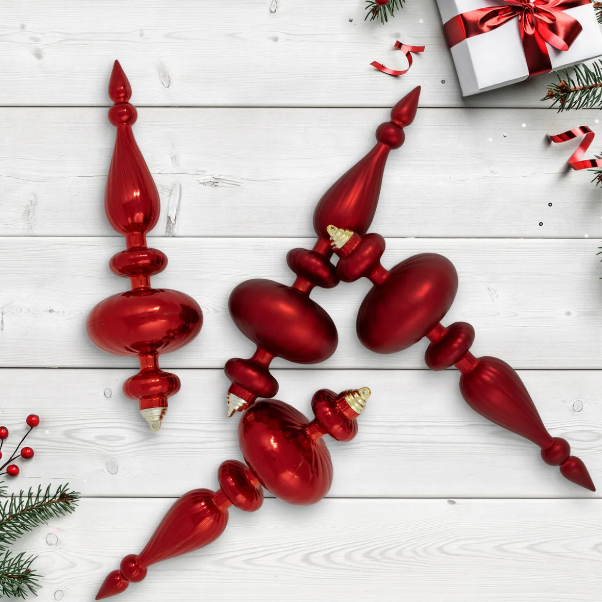 Commercial Size 2-Finish Christmas Finial Shatterproof Ornaments - Red -12" - 4ct