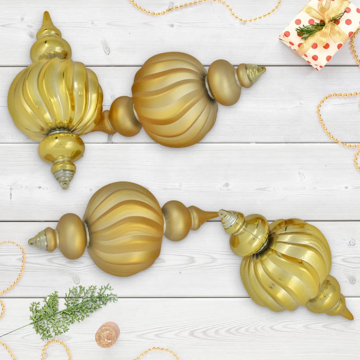 Commercial Size Shatterproof 2-Finish Finial Christmas Ornaments - Gold -10" - 4ct