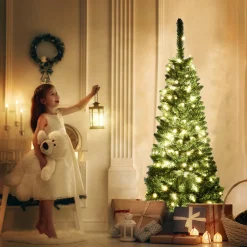 Costway 4.5ft Pre-Lit Hinged Pencil Christmas Tree 150 White Lights