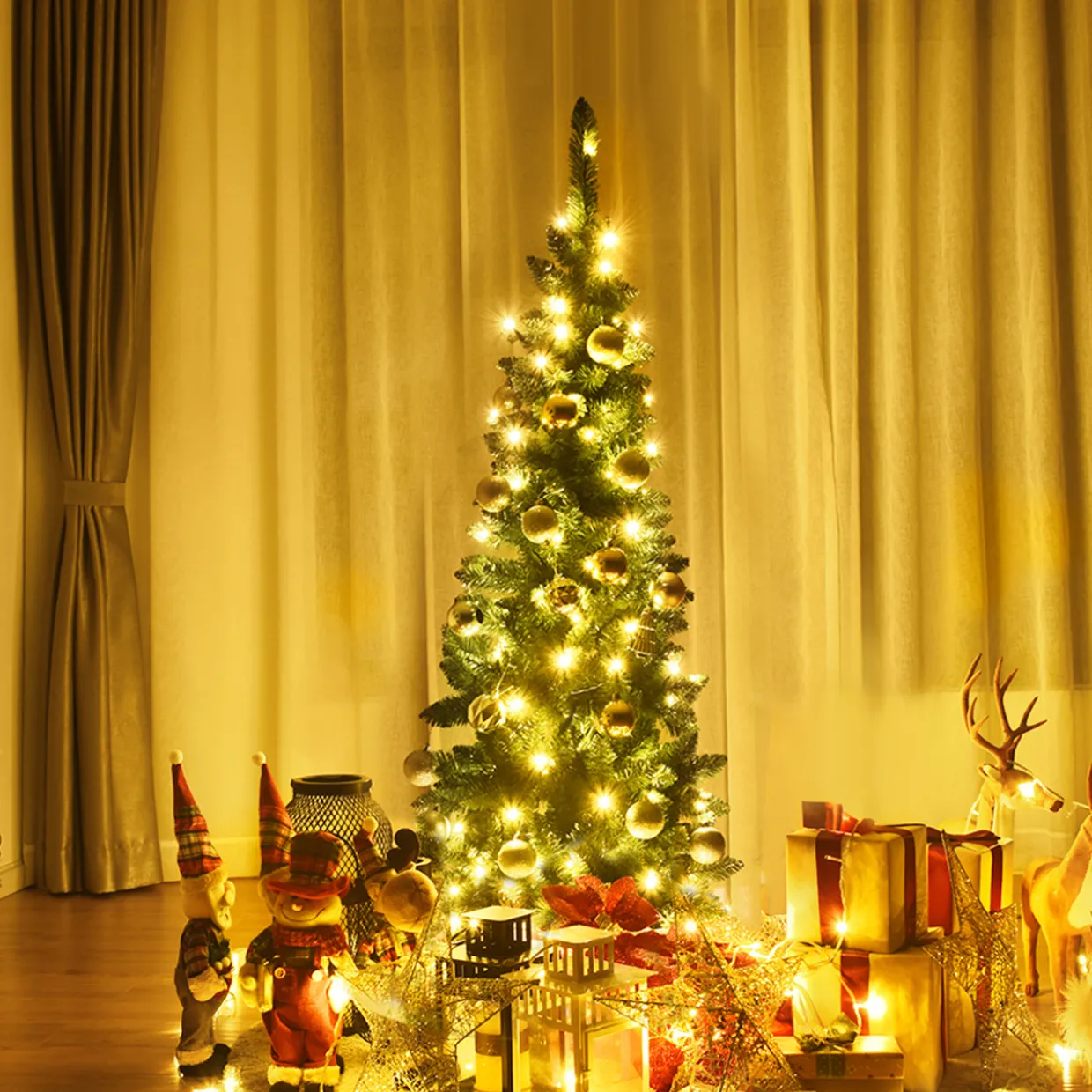 Costway 4.5ft Pre-Lit Hinged Pencil Christmas Tree 150 White Lights