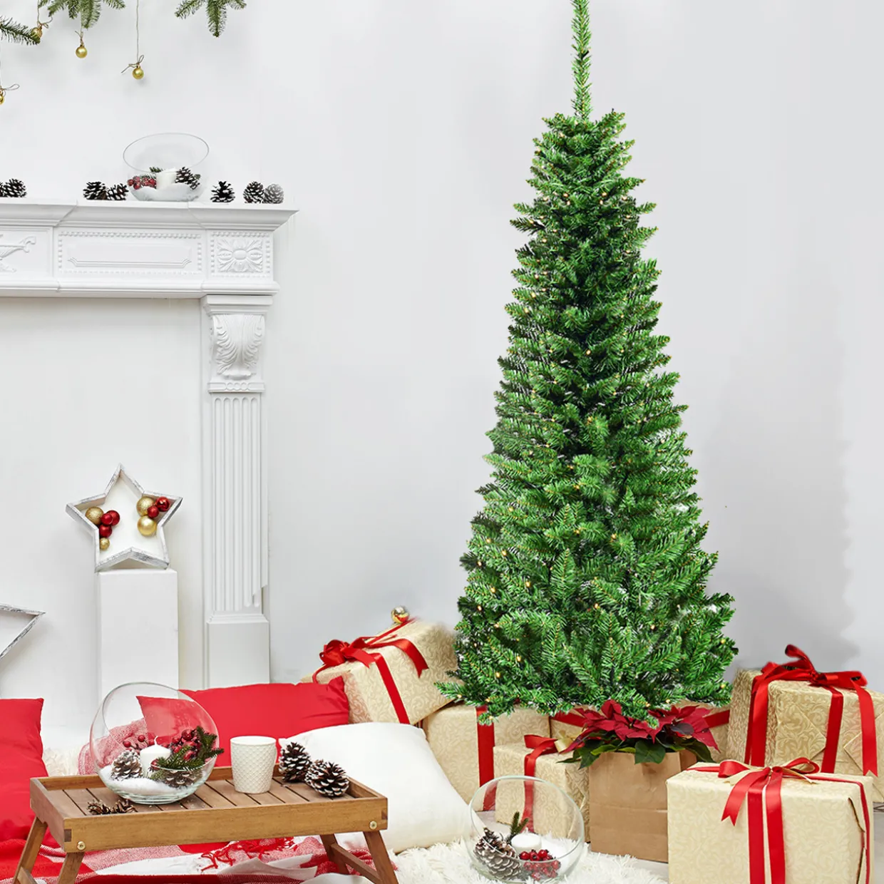 Costway 4.5ft Pre-Lit Hinged Pencil Christmas Tree 150 White Lights