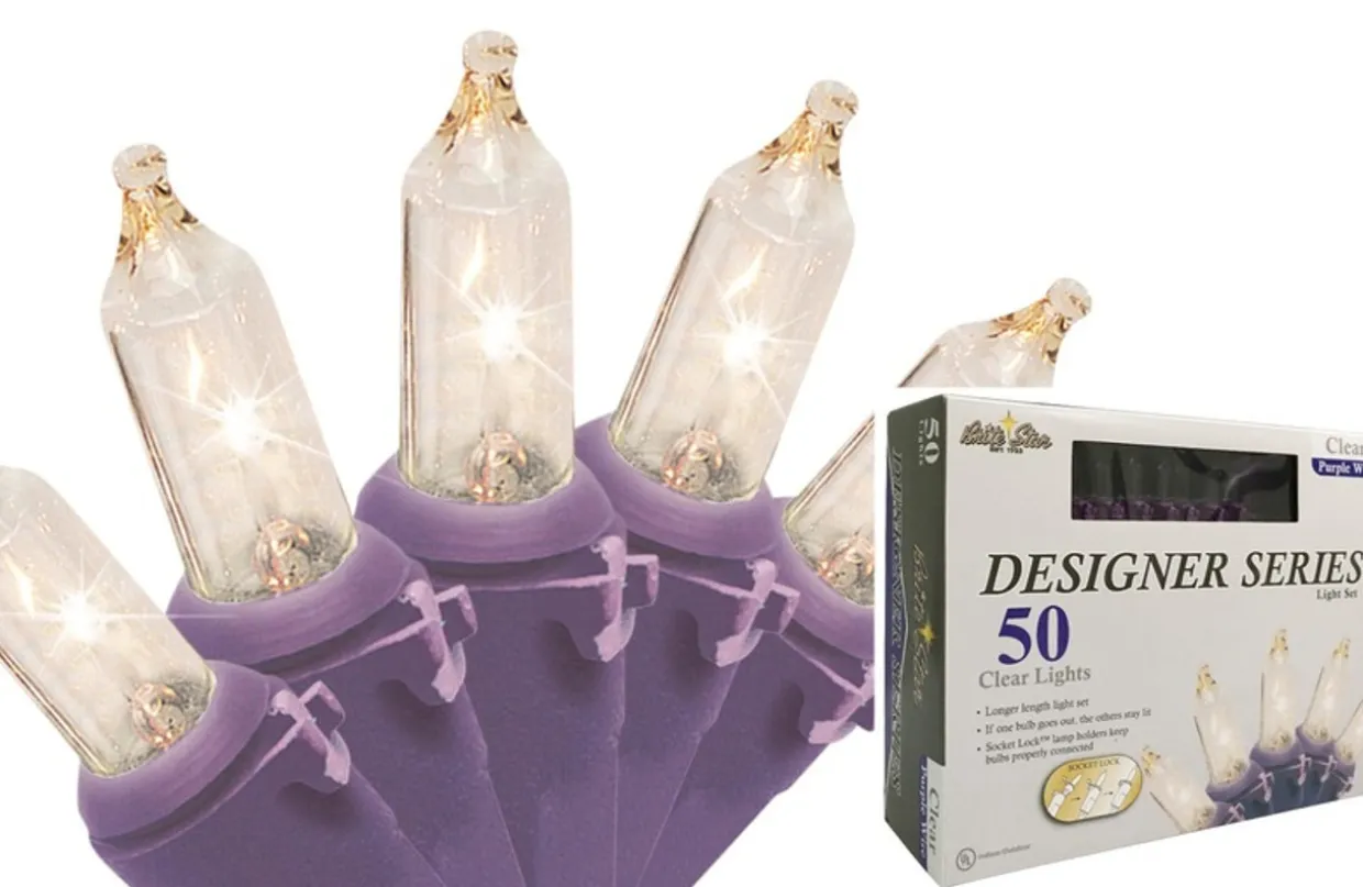 50-Count Clear Incandescent Mini Christmas Light Set, 19ft Purple Wire
