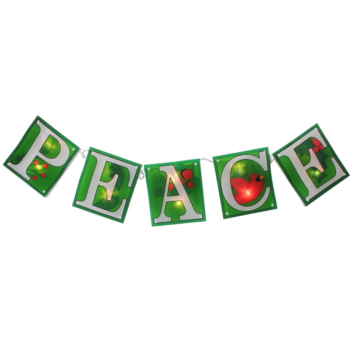 10-Count Green and Red Shimmering "PEACE" Lighted Mini Christmas Garland, 4.5ft White Wire