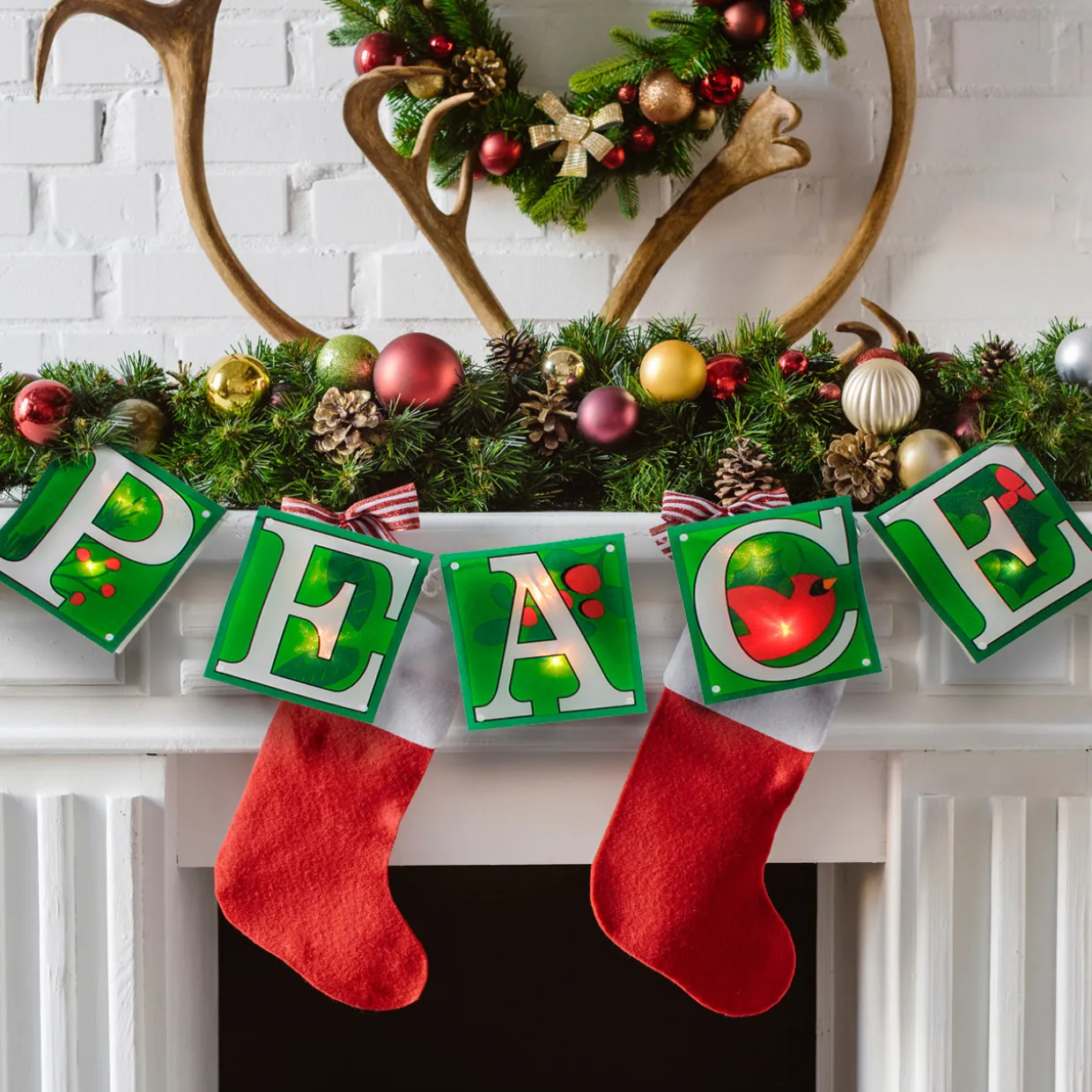 10-Count Green and Red Shimmering "PEACE" Lighted Mini Christmas Garland, 4.5ft White Wire