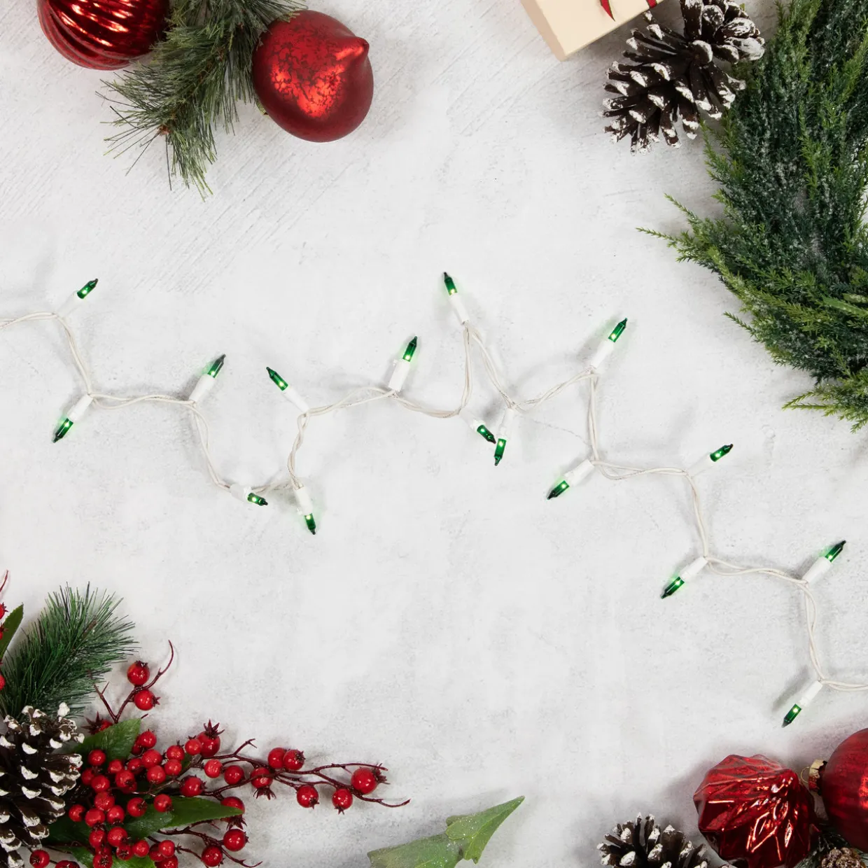 35-Count Green Mini Christmas Light Set, 7ft White Wire