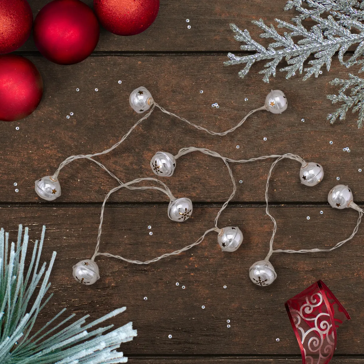 10-Count LED Silver Christmas Bells Fairy Lights, 5.5ft, Copper Wire