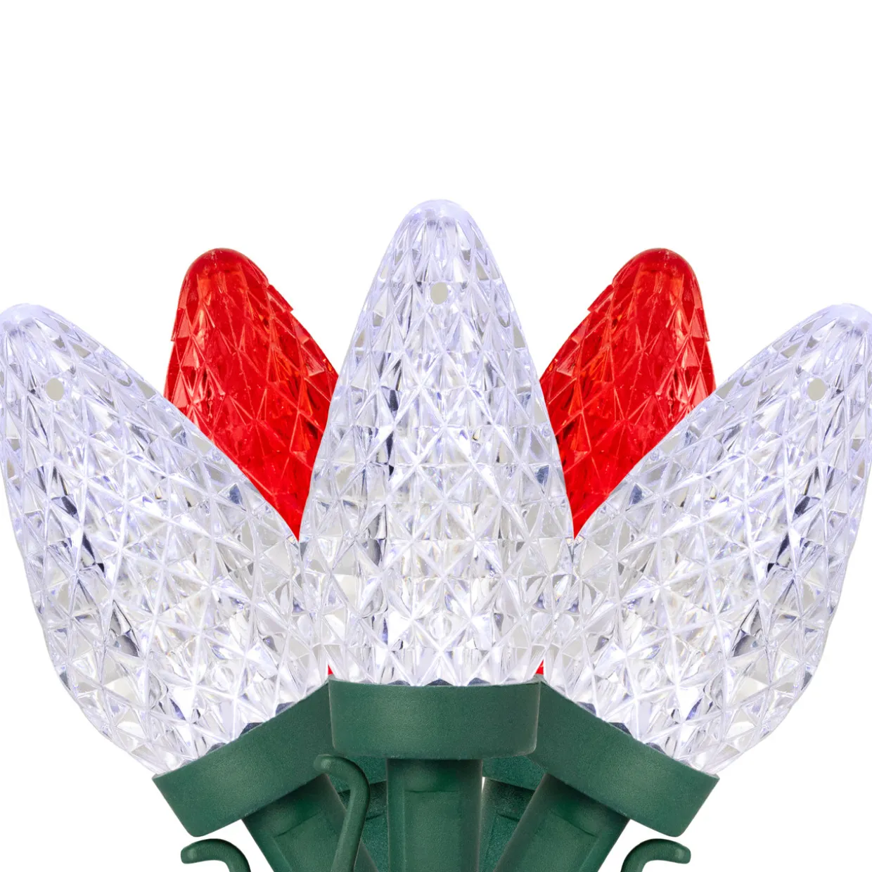 100-Count Red and Pure White Faceted LED C9 Christmas Lights, 66ft Green Wire