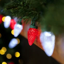 100-Count Red and Pure White Faceted LED C9 Christmas Lights, 66ft Green Wire