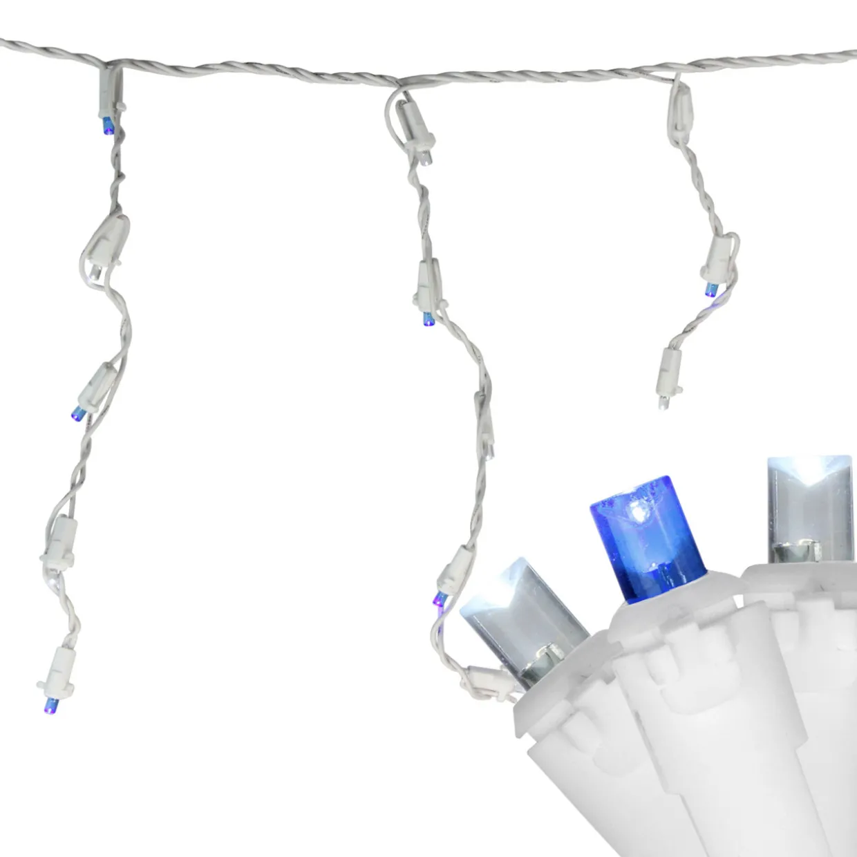 100ct Blue and Pure White LED Wide Angle Icicle Christmas Lights, 5.5 ft White Wire