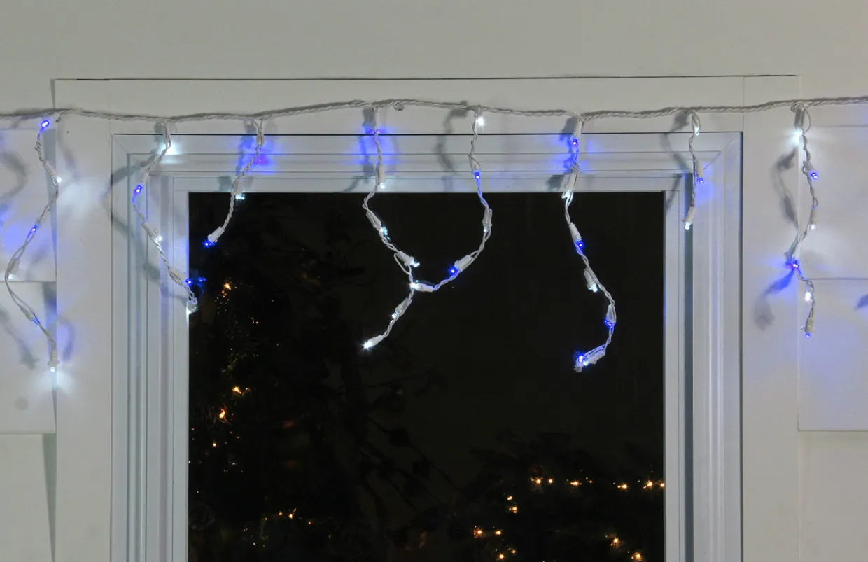 100ct Blue and Pure White LED Wide Angle Icicle Christmas Lights, 5.5 ft White Wire