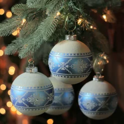 4ct Blue and White Nordic Fair Isle Glass Ball Christmas Ornaments 4-Inch