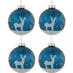 4ct Blue Glass Ball Christmas Ornaments with Glitter Reindeer 3"