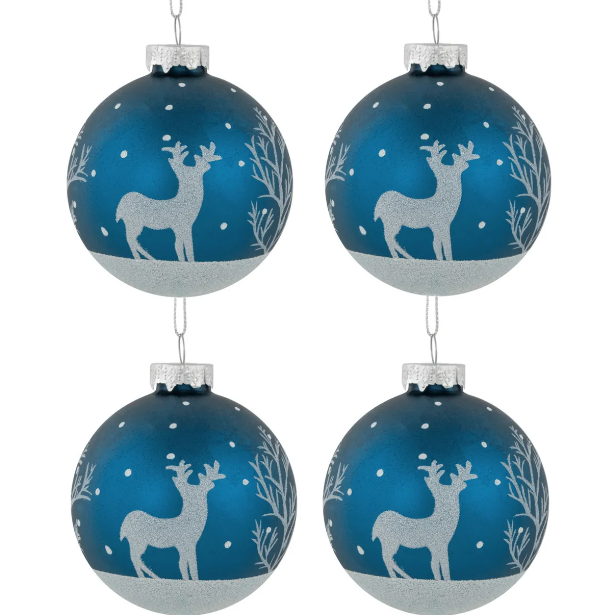 4ct Blue Glass Ball Christmas Ornaments with Glitter Reindeer 3"