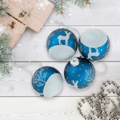 4ct Blue Glass Ball Christmas Ornaments with Glitter Reindeer 3"