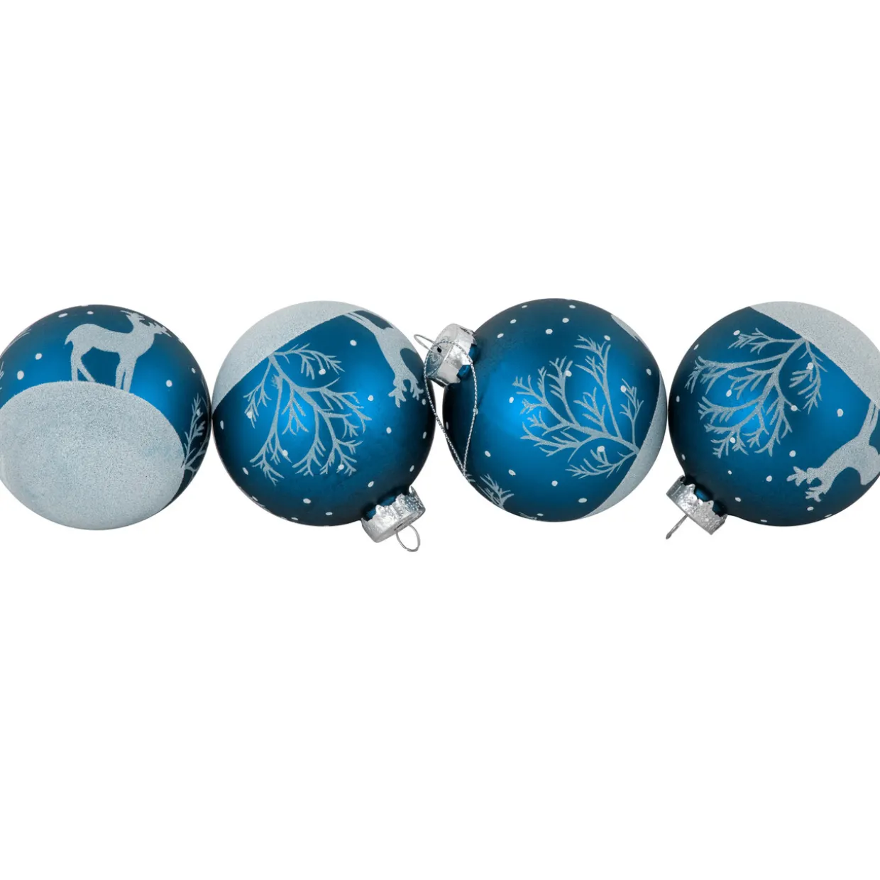 4ct Blue Glass Ball Christmas Ornaments with Glitter Reindeer 3"