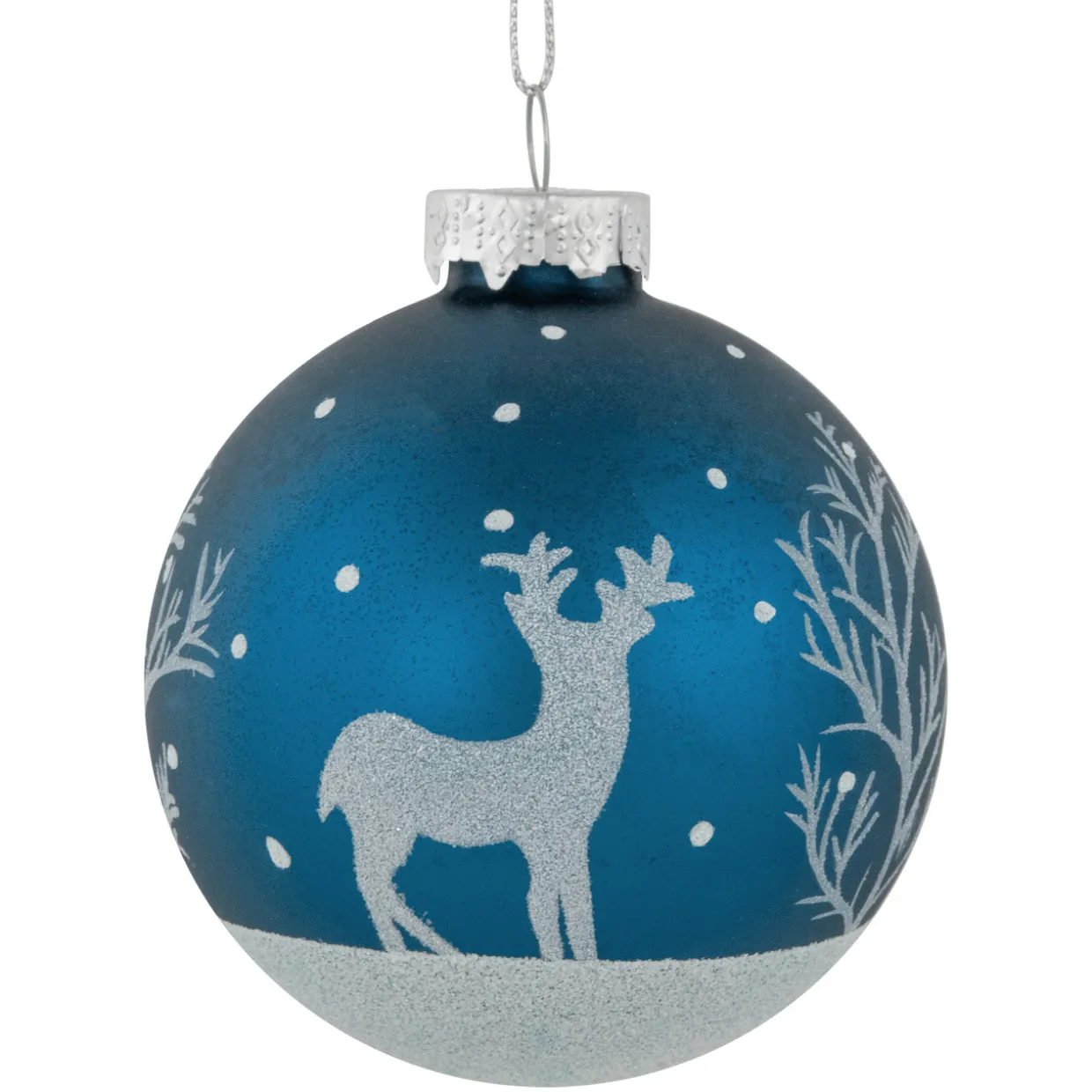 4ct Blue Glass Ball Christmas Ornaments with Glitter Reindeer 3"