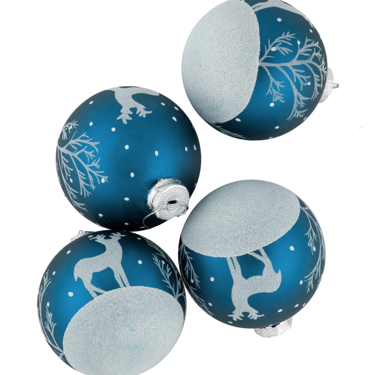 4ct Blue Glass Ball Christmas Ornaments with Glitter Reindeer 3"