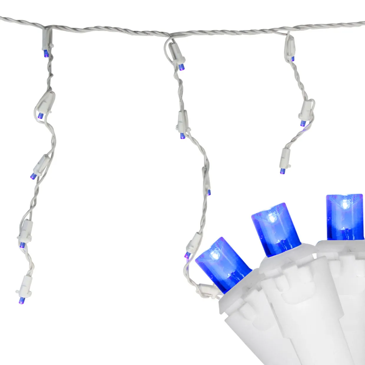 100ct Blue LED Wide Angle Icicle Christmas Lights, 5.5 ft White Wire