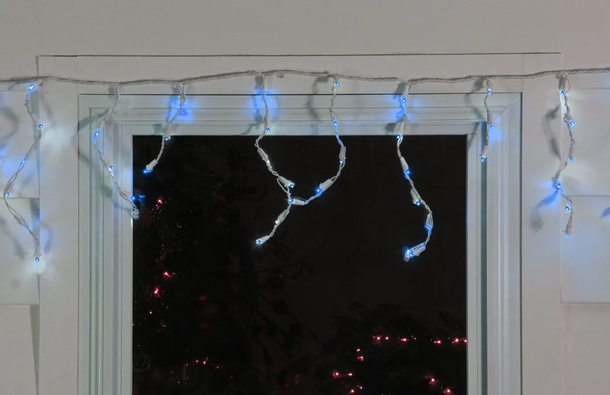 100ct Blue LED Wide Angle Icicle Christmas Lights, 5.5 ft White Wire