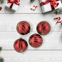 4ct Burgundy Red and Gold Glitter Striped Glass Christmas Ball Ornaments 3" (76mm)