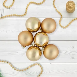 6ct Champagne Gold 2-Finish Glass Ball Christmas Ornament Set 3.25"