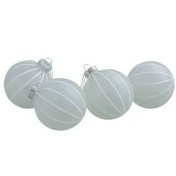 4ct Clear Frosted and White Glitter Striped Matte Glass Christmas Ball Ornaments 3.5" (90mm)