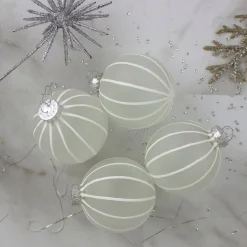 4ct Clear Frosted and White Glitter Striped Matte Glass Christmas Ball Ornaments 3.5