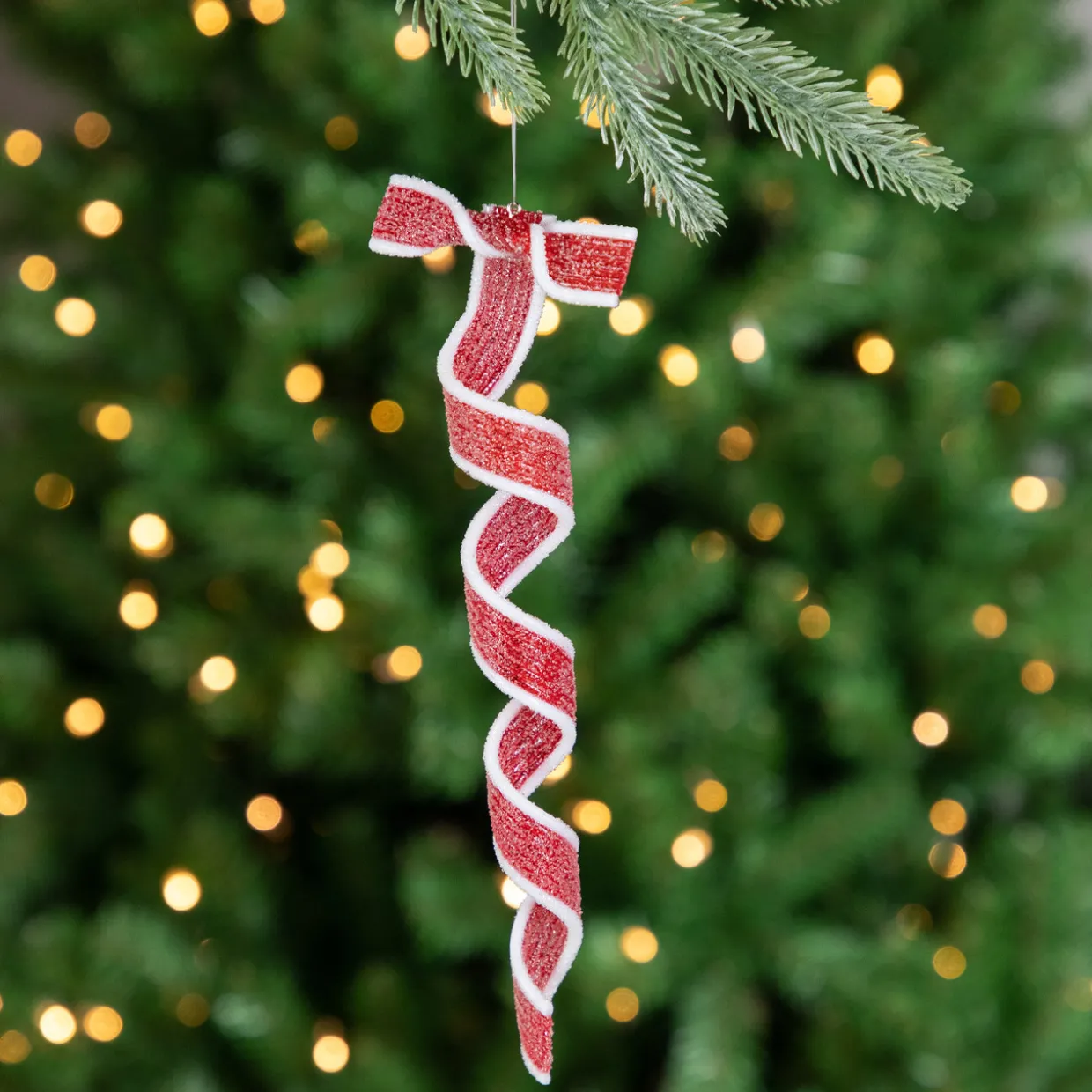 6ct Frosted Red and White Candy Twist Christmas Ornaments 9"