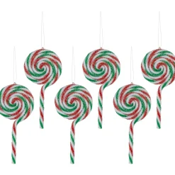 6ct Frosted White, Green and Red Lollipop Christmas Ornaments 7"