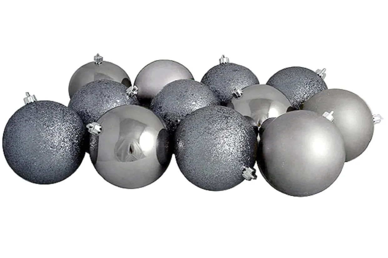 12ct Gray Shatterproof 4-Finish Christmas Ball Ornaments 4" (100mm)
