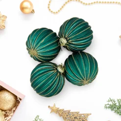 4ct Green and Gold Textured Glass Christmas Ball Ornaments 3" (80mm)