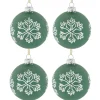 4ct Green Glass Christmas Ball Ornaments with White Snowflakes 3" (80mm)