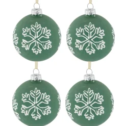 4ct Green Glass Christmas Ball Ornaments with White Snowflakes 3" (80mm)