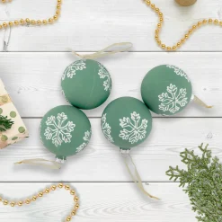 4ct Green Glass Christmas Ball Ornaments with White Snowflakes 3" (80mm)