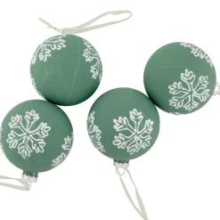 4ct Green Glass Christmas Ball Ornaments with White Snowflakes 3
