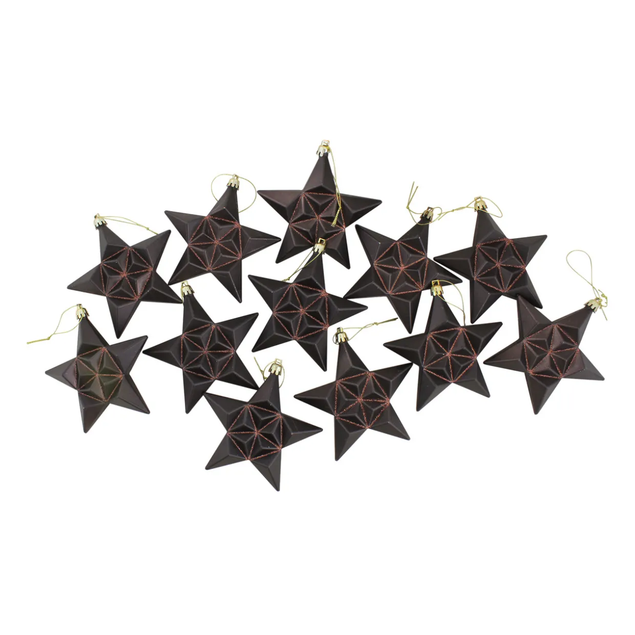 12ct Matte Chocolate Brown Glittered Star Shatterproof Christmas Ornaments 5"