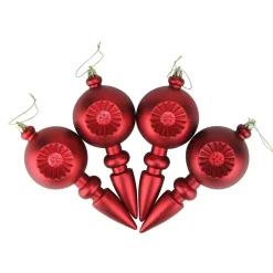 4ct Matte Red Hot Retro Reflector Shatterproof Christmas Finial Ornaments 7.5"