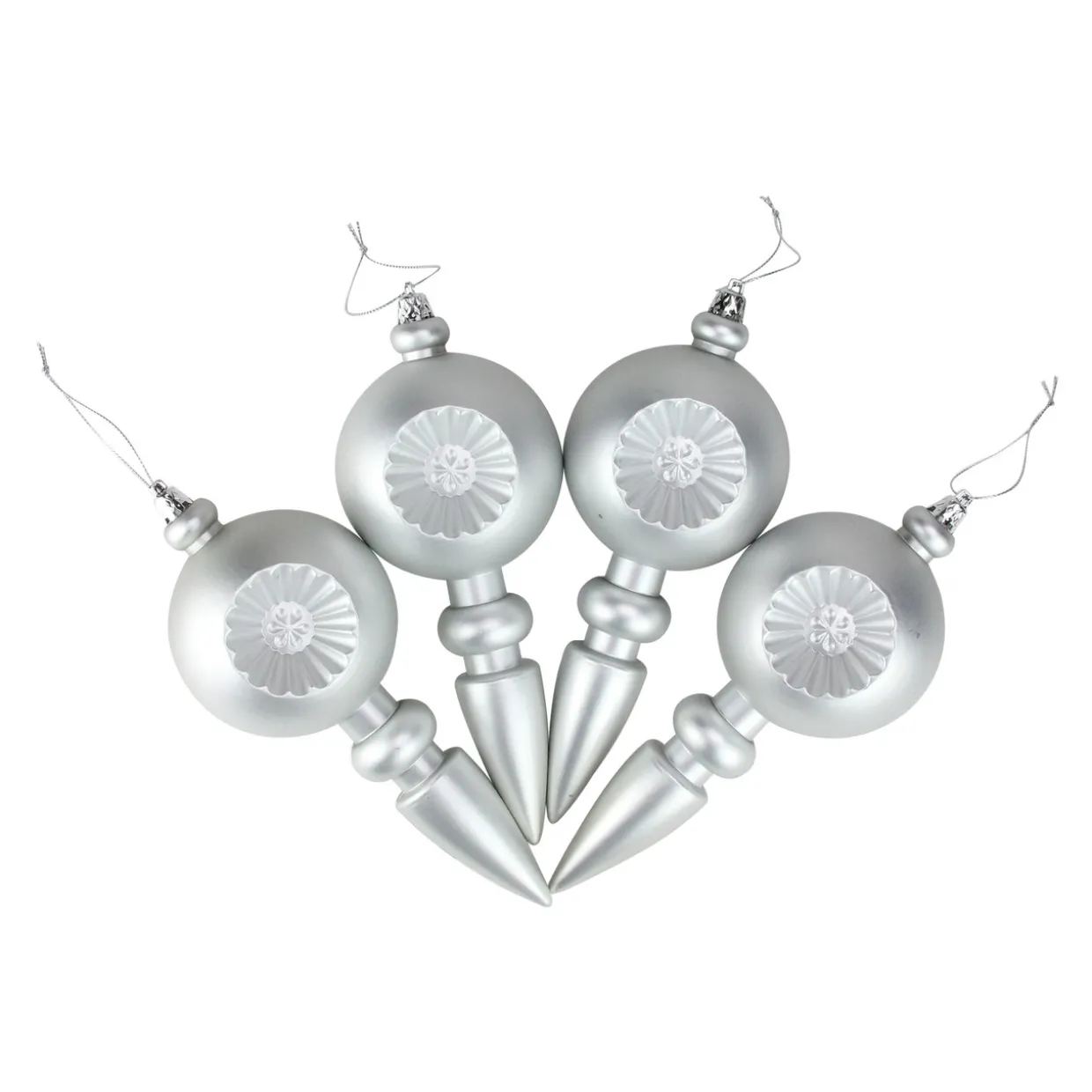 4ct Matte Silver Retro Reflector Shatterproof Christmas Finial Ornaments 7.5"