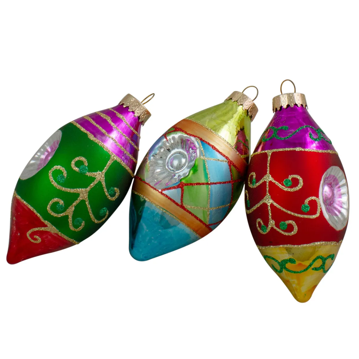 3ct Multi Color with Retro Reflectors Glass Finial Christmas Ornament Set 4.25" (100mm)