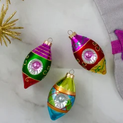 3ct Multi Color with Retro Reflectors Glass Finial Christmas Ornament Set 4.25" (100mm)