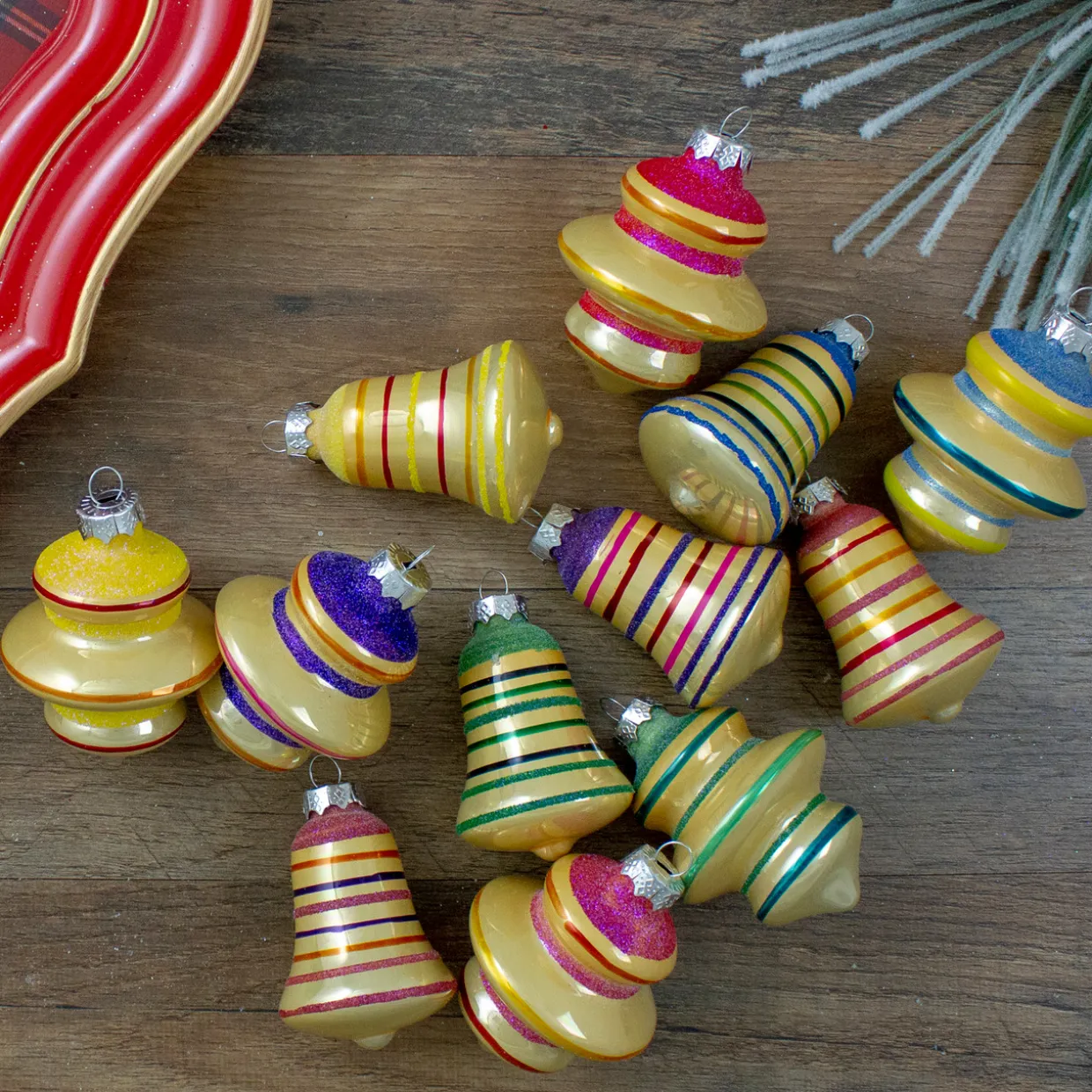 12ct Purple 2-Finish Striped Glass Christmas Finial and Bell Ornaments 2.75"