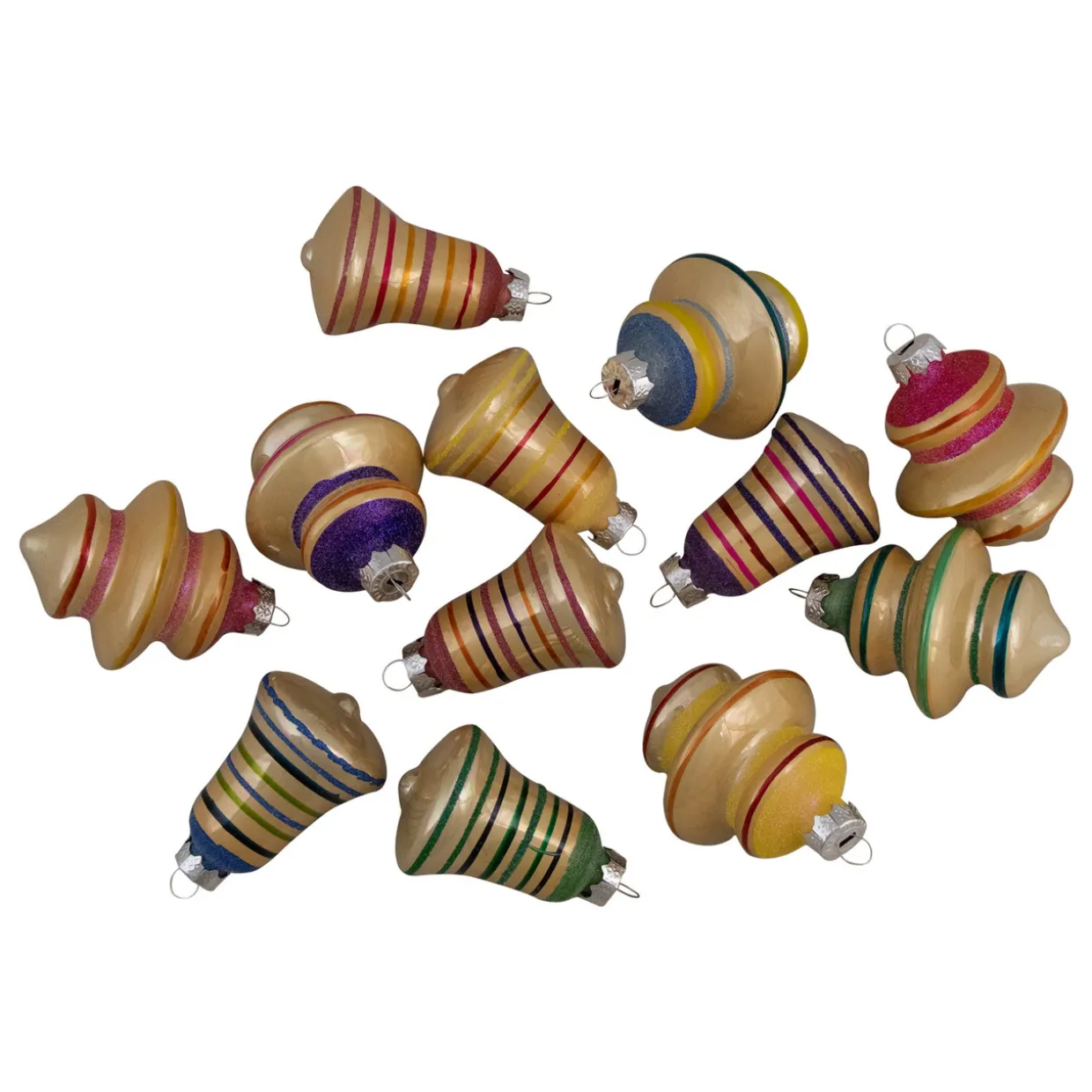 12ct Purple 2-Finish Striped Glass Christmas Finial and Bell Ornaments 2.75"