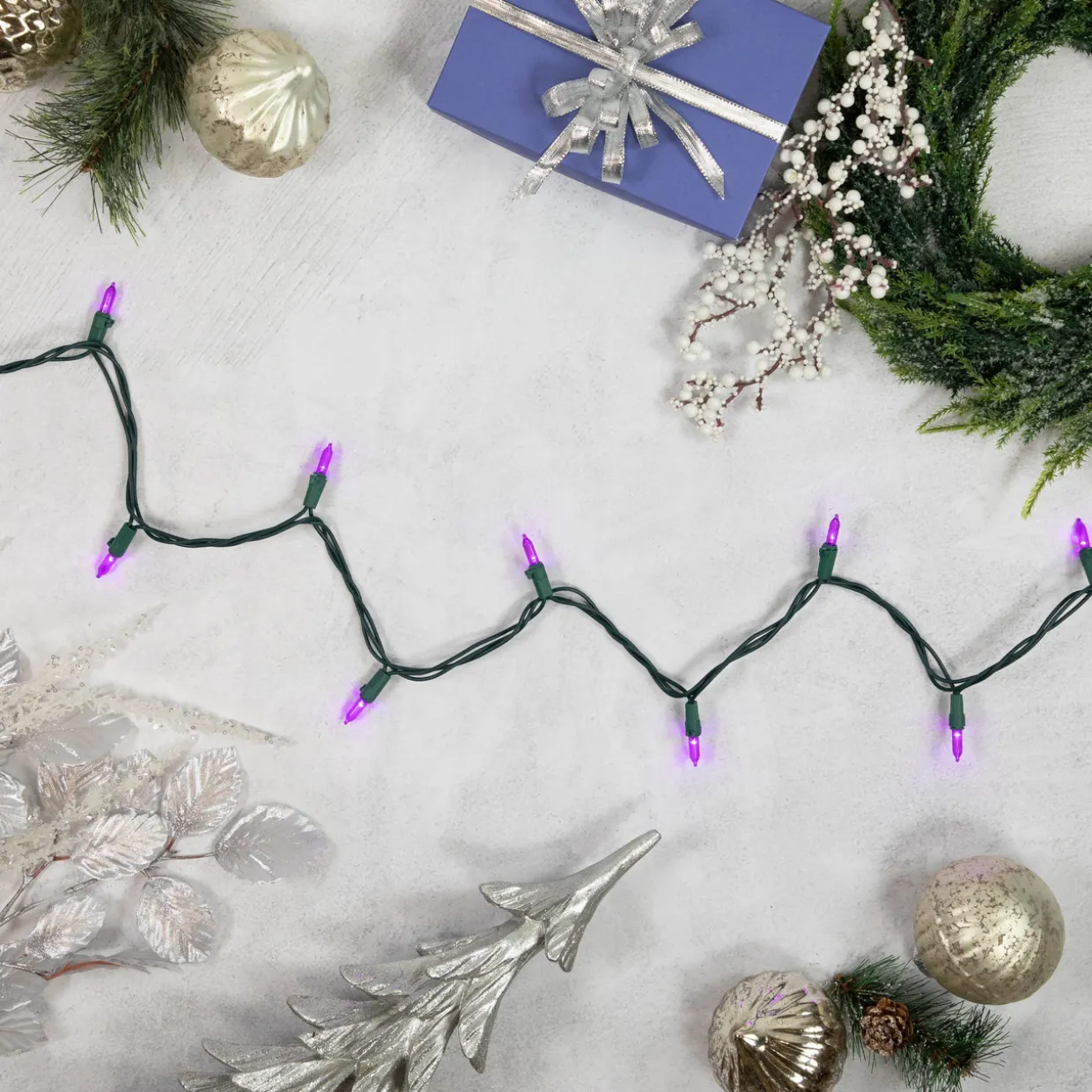 50ct Purple LED Mini Christmas Lights, 16.25ft Green Wire