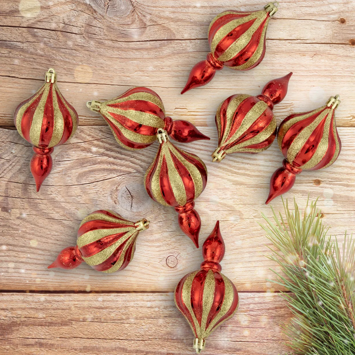 8ct Red and Gold Shatterproof Finial Christmas Ornaments, 4.75"