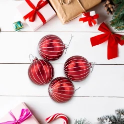 4ct Shiny Red and White Striped Glass Ball Christmas Ornaments 3" (80mm)