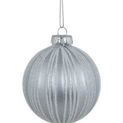 4ct Silver and White Glitter Striped Glass Ball Christmas Ornaments 3"